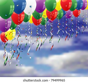 vector party background with confetti and balloons on sky