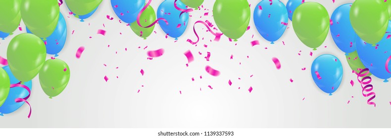 Vector party balloons Blue and green illustration. Confetti and ribbons flag Celebration greeting card, festive poster etc.