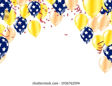 Vector party balloons gold illustration. Confetti and ribbons flag ribbons, Celebration background template