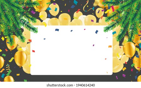 Vector party balloons gold illustration. Confetti and ribbons flag ribbons, Celebration background template