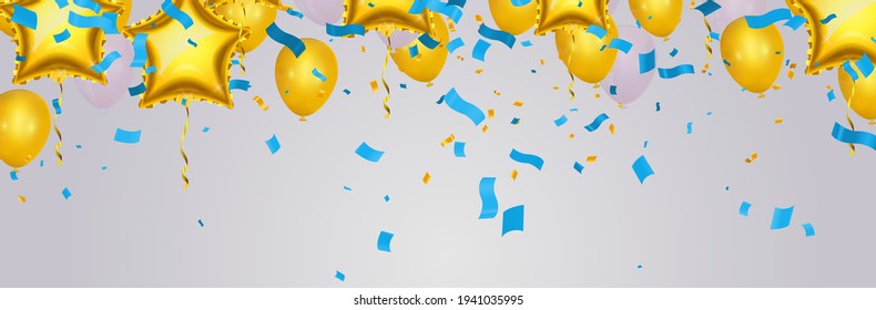 Vector party balloons gold illustration. Confetti and ribbons flag ribbons, Celebration background template