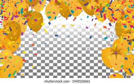 Vector party balloons gold illustration. Confetti and ribbons flag ribbons, Celebration background template