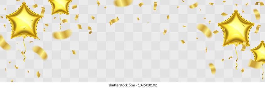 Vector party balloons illustration. Confetti and ribbons flag ribbons, Celebration background template and Balloon stars