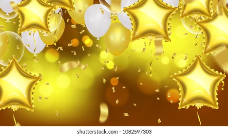 Ilustración de globos del partido vectorial. Cintas de banderas de confetti y cintas, plantilla de fondo de celebración y estrellas de globo