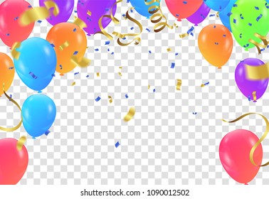 Vector party balloons illustration. Confetti and ribbons flag ribbons, Celebration background template