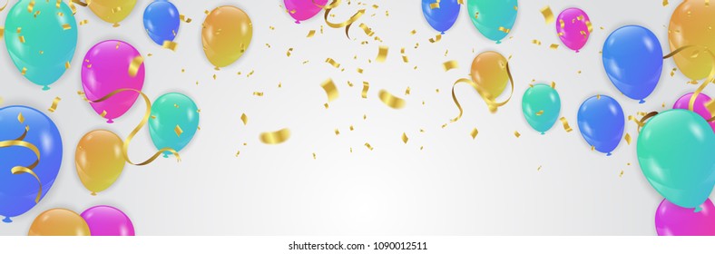 Vector party balloons illustration. Confetti and ribbons flag ribbons, Celebration background template