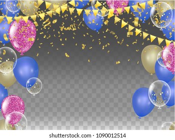 Vector party balloons illustration. Confetti and ribbons flag ribbons, Celebration background template