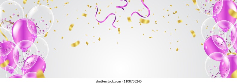 Vector party balloons illustration. Confetti and ribbons flag ribbons, Celebration background template