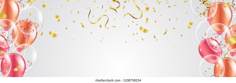 Vector party balloons illustration. Confetti and ribbons flag ribbons, Celebration background template