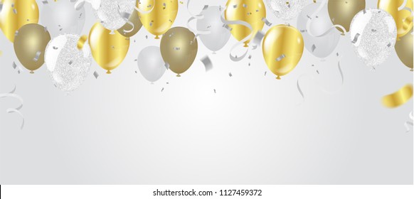 Vector party balloons illustration. Confetti and ribbons flag ribbons, Celebration background template balloon White Gold