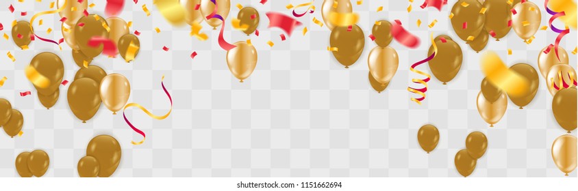 Vector party balloons illustration. Confetti and ribbons flag ribbons, Celebration background template