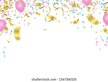 Vector party balloons illustration. Confetti and ribbons flag ribbons, Celebration background template