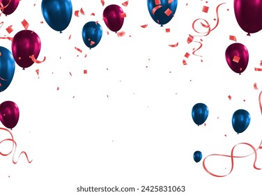 Ilustración de globos de fiesta vectorial. Confeti y cintas de la bandera de las cintas, plantilla de fondo de la celebración, caída de confeti de lujo de arriba a abajo. Diseño cuadrado de postal eps.10