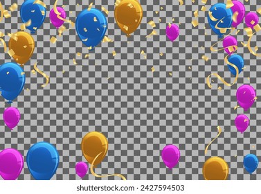 Ilustración de globos de fiesta vectorial. Confeti y cintas de la bandera de las cintas, plantilla de fondo de la celebración, caída de confeti de lujo de arriba a abajo. Diseño cuadrado de postal eps.10