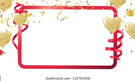 Vector party balloons illustration frame template with confetti and Colorful ribbons. 