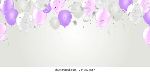 Vector party balloons light pink illustration. Confetti and flag ribbons, Celebration background template