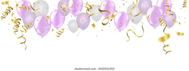 Ilustración rosa claro de los globos del partido del Vector. Confeti y cintas de la bandera, Plantilla de fondo de la celebración