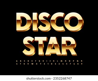 Vektorparty Banner Disco Star. Elite-3D-Schriftart. Elegante Goldene Alphabet Buchstaben und Zahlen. 