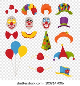 Vector Party Birthday or 1th april - Fool s Day - photo booth props. Hats, wigs, neckties, clown noses, masks, balloons and cylinder icon set isolated on transparency grid background. Clipart, design