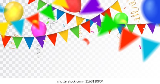 Vector party, celebration or anniversary border with colorful hanging garlands, streamers and balloons isolated on transparent background