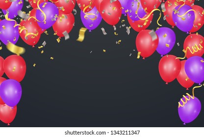Vector party, celebration for anniversary border with colorful hanging garlands, streamers and balloons ballons,  celebrate background
