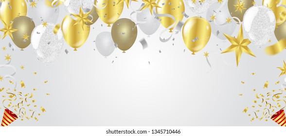 Vector party, celebration for anniversary border with colorful hanging garlands, streamers and balloons ballons,  celebrate background