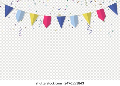 Vector party, celebration or anniversary border with colorful hanging garlands, streamers and balloons isolated on transparent background, Colorful Party Flags With Confetti And Ribbons Falling.