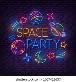 Vector party colorful signboard with space neon lamp symbols. Glowing planets, Saturn, moon, comets and stars banner on purple brick wall background 