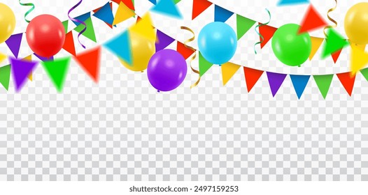 Vector party decoration realistic border, colorful garlands, baloons and streamers in seamless pattern