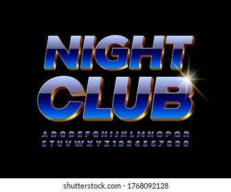 Vector party emblem Night Club with chic Blue and Gold Font. 3D elite Alphabet Letters and Numbers