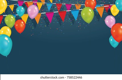 Vector party flags with confetti and balloons. Celebrate concept.