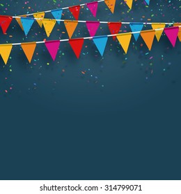 Vector party flags with confetti. Celebrate concept.