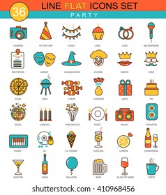 Vector Party Flat Line Icon Set. Modern Elegant Style Design Fun Party Icons For Web.