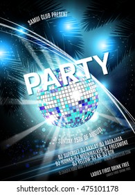 Vector Party Flyer Design with disco ball on shiny background. Blue Eps10 illustration.