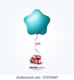 Vector party flying balloon with streamer and open gift box isolated on white background.