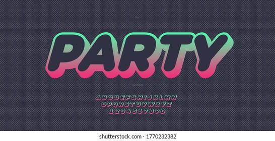 Vector party font 3D bold style for festive summer party poster, t shirt, flier, decoration, card, sale banner, printing on fabric, industrial. Cool typeface. Trendy alphabet. 10 eps