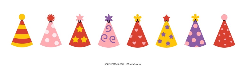 Kollektion von Vektorpartyhüten. Helle und fröhliche Papierkappen mit Mustern. Perfekt für Geburtstage, Veranstaltungen und Dekorationen. Einzeln flache Cliparts für festliches Design.