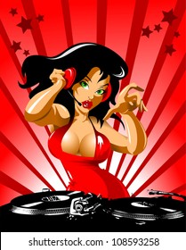 Vector party illustration about a beautiful sexy woman on a music and disco theme