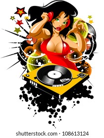 Vector party illustration about a beautiful sexy woman on a music and disco theme