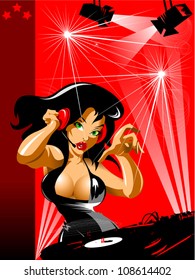 Vector party illustration about a beautiful sexy woman on a music and disco theme