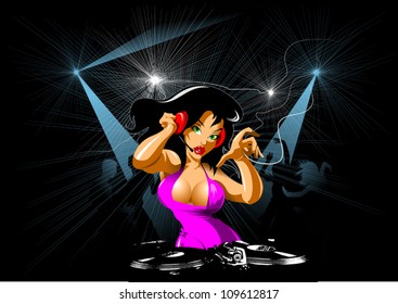 Vector party illustration about a beautiful sexy woman on a music and disco theme;