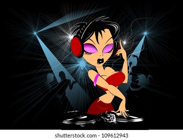 Vector party illustration about a beautiful sexy woman on a music and disco theme;