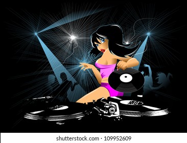 Vector party illustration about a beautiful sexy woman on a music and disco theme;