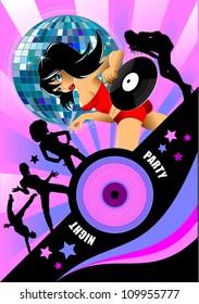 Vector party illustration about a beautiful sexy woman on a music and disco theme;
