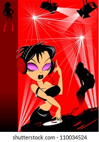Vector party illustration about a beautiful sexy woman on a music and disco theme;