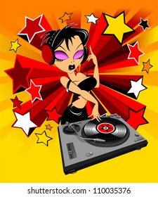 Vector party illustration about a beautiful sexy woman on a music and disco theme;