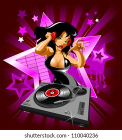 Vector party illustration about a beautiful sexy woman on a music and disco theme;
