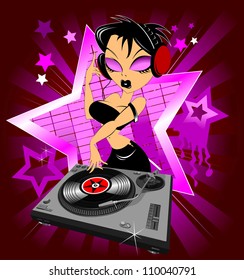 Vector party illustration about a beautiful sexy woman on a music and disco theme;
