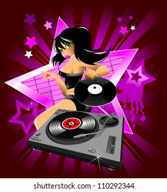 Vector party illustration about a beautiful sexy woman on a music and disco theme;
