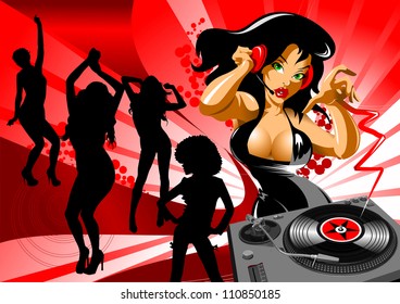 Vector party illustration about a beautiful sexy woman on a music and disco theme;